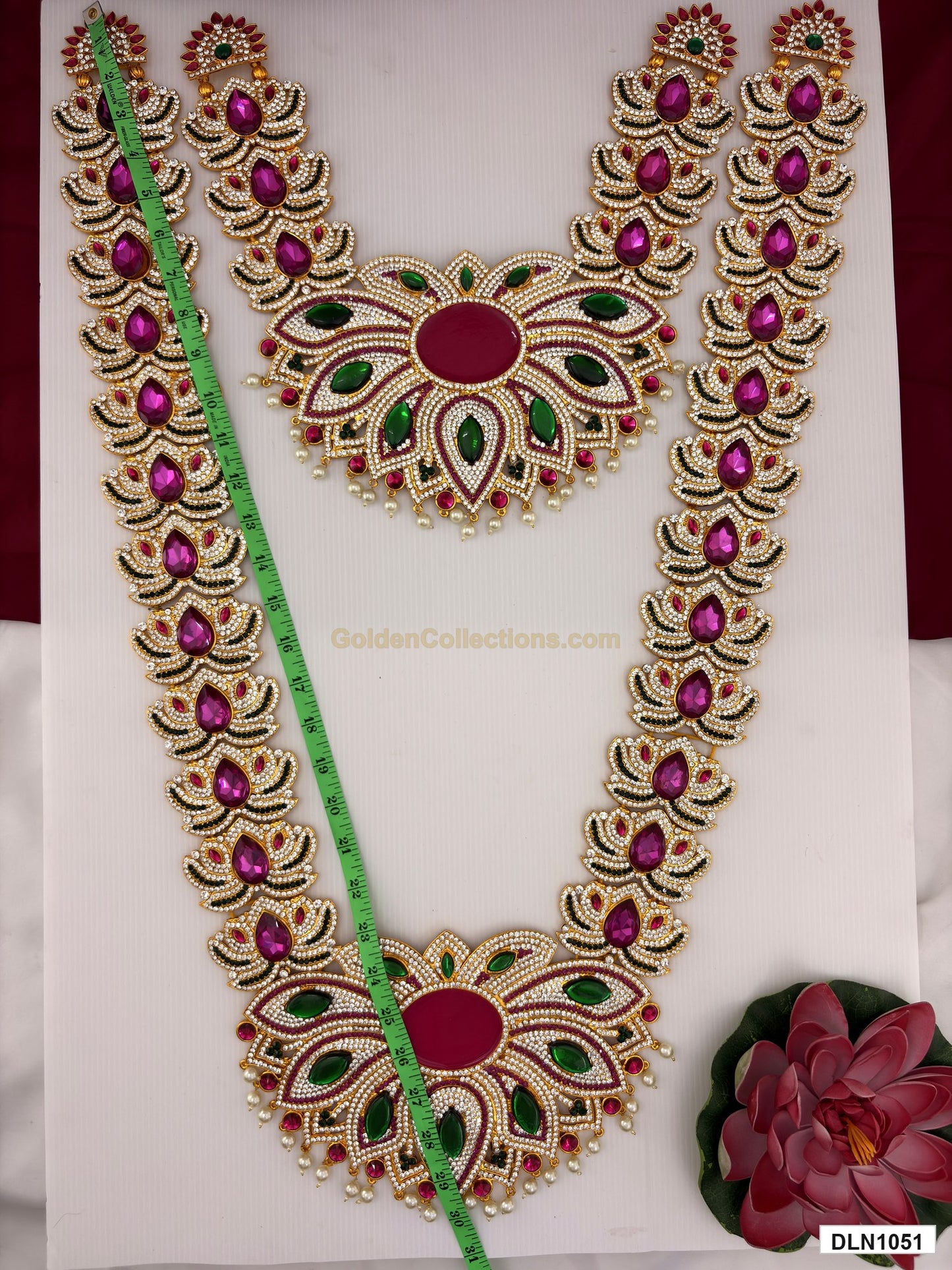 Length measurement photo showing 30 Inches deity long haram with measuring tape for idol alankaram