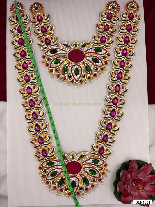 Length measurement photo showing 30 Inches deity long haram with measuring tape for idol alankaram