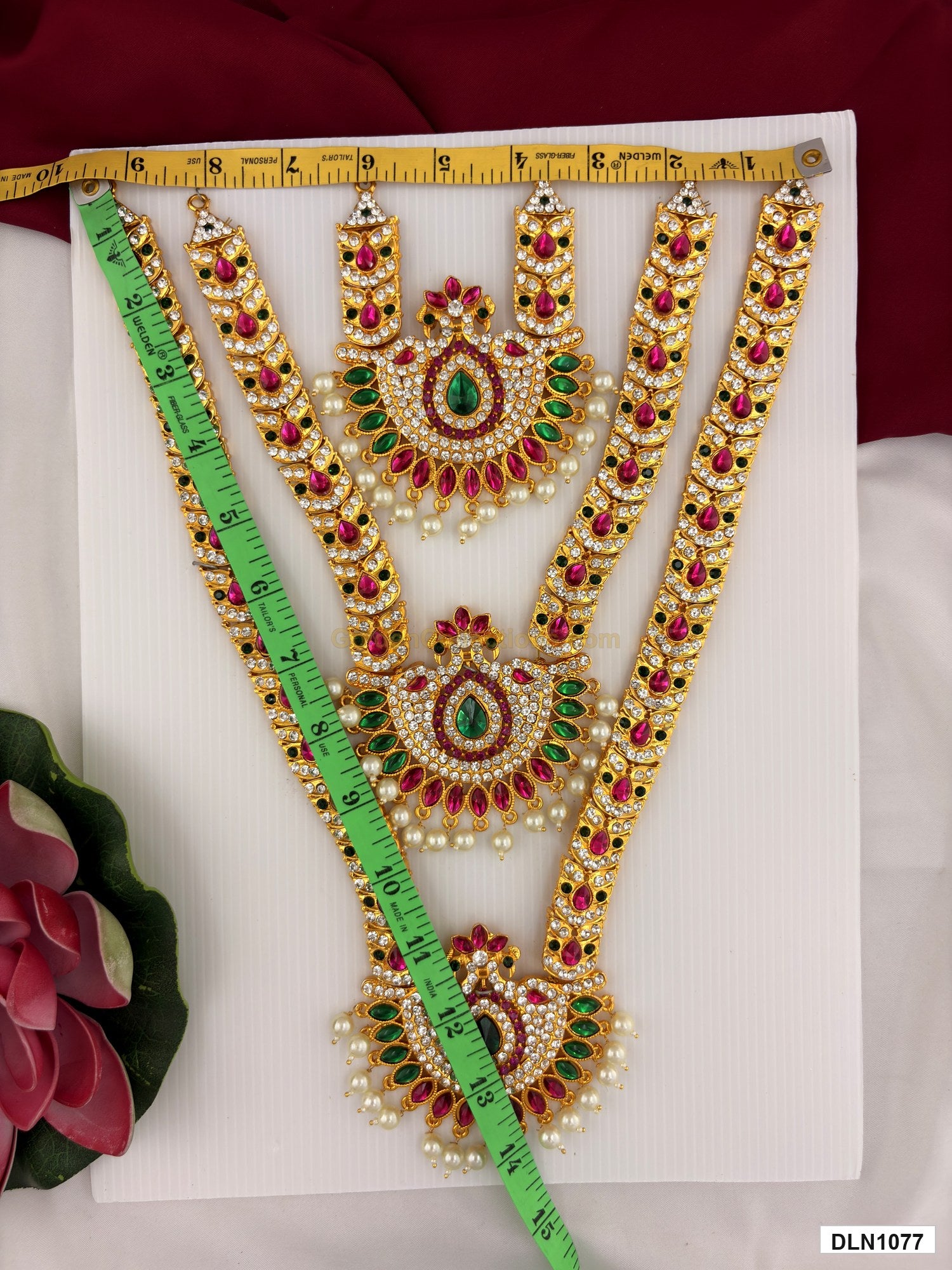 Width measurement photo showing 9 Inches deity long haram with measuring tape for idol alankaram