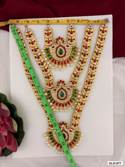 Width measurement photo showing 9 Inches deity long haram with measuring tape for idol alankaram
