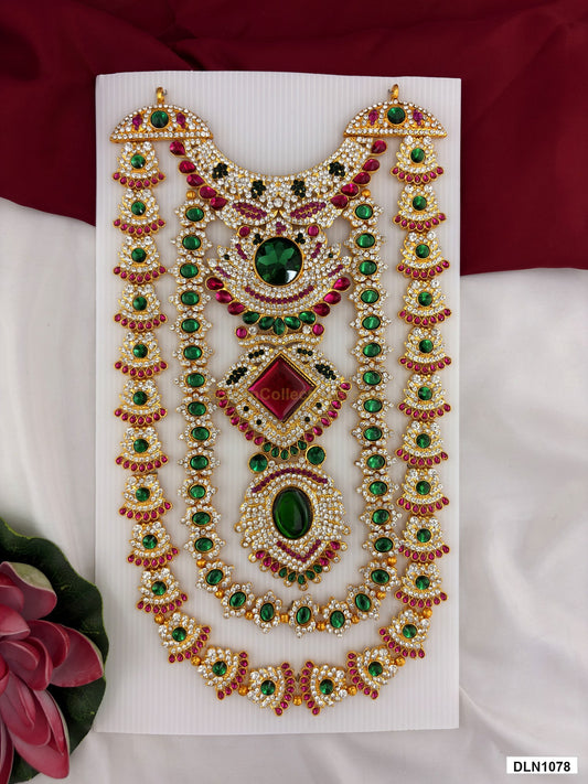 chest deity long haram DLN1078 full product view with mixed green, pink and gold stone work and gold plating for idol alankaram