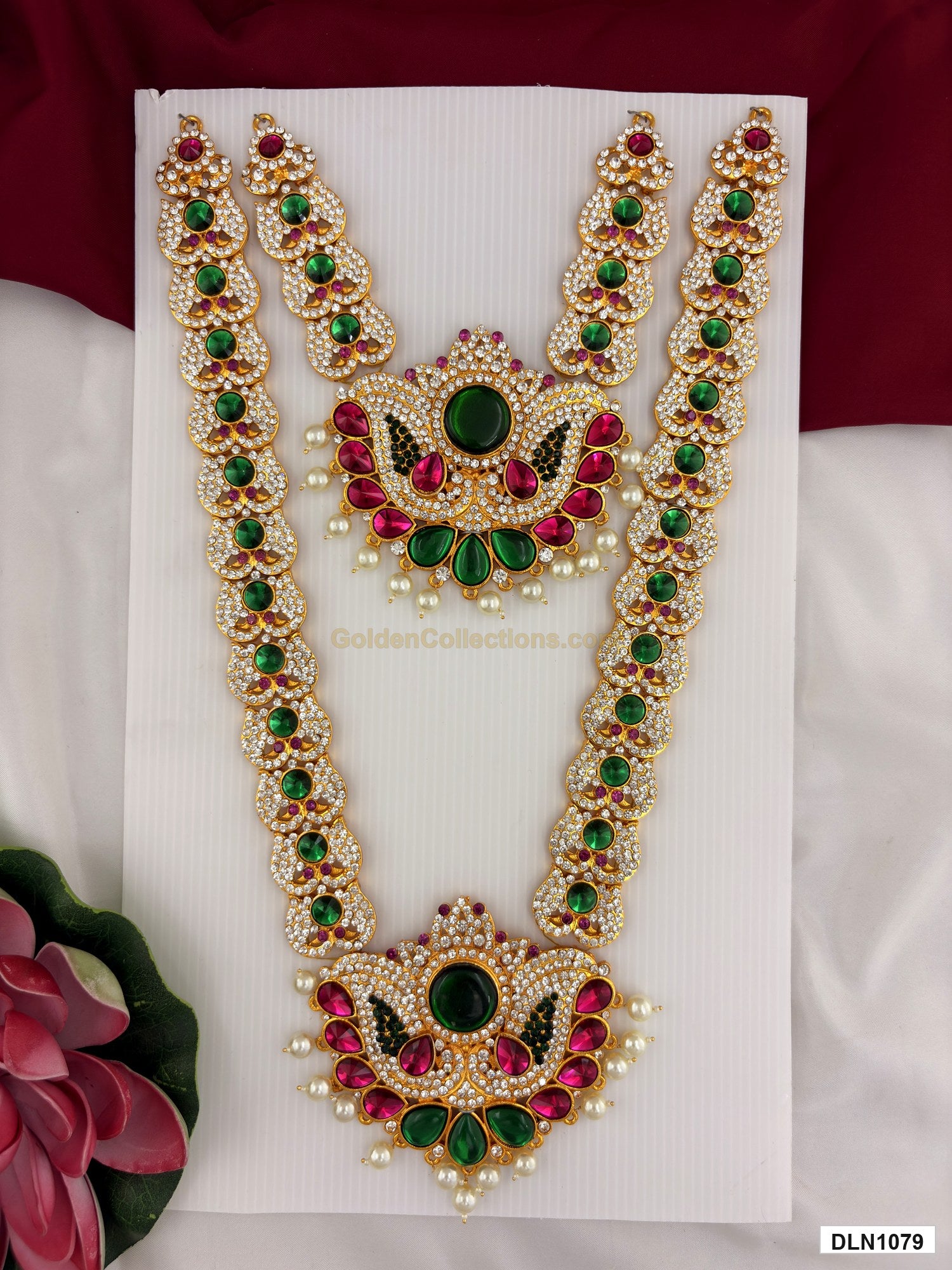 2 step deity long haram DLN1079 full product view with green, pink and gold stone work and gold plating for idol alankaram