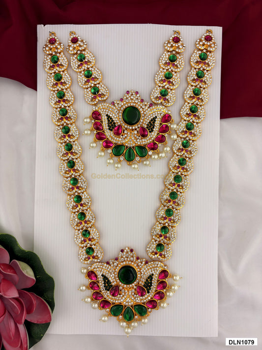 2 step deity long haram DLN1079 full product view with green, pink and gold stone work and gold plating for idol alankaram