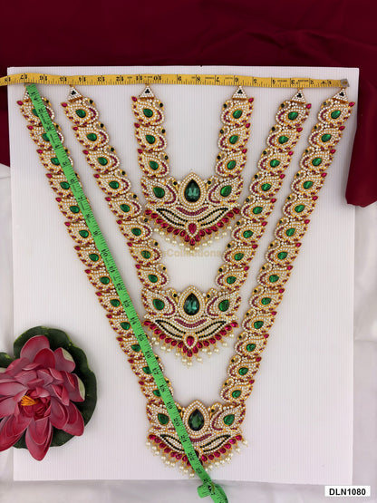 Measurement photo showing 23 x 17 Inches deity long haram with measuring tape for idol alankaram