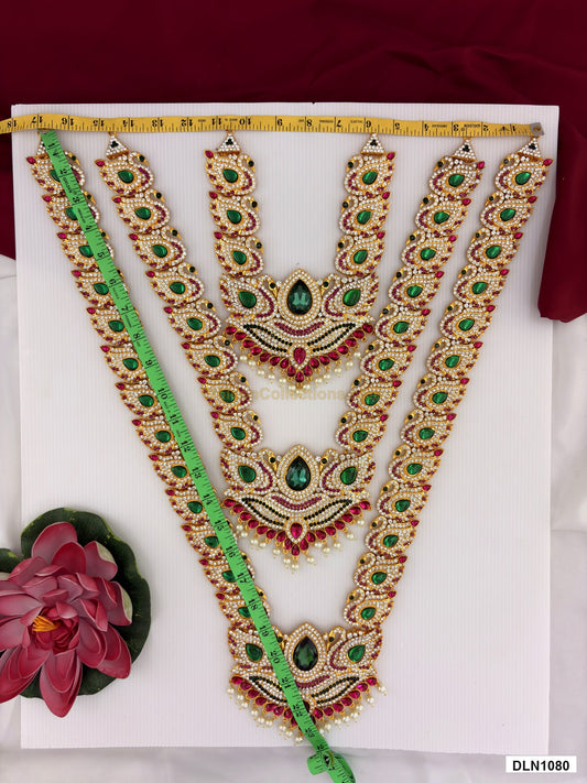 Measurement photo showing 23 x 17 Inches deity long haram with measuring tape for idol alankaram
