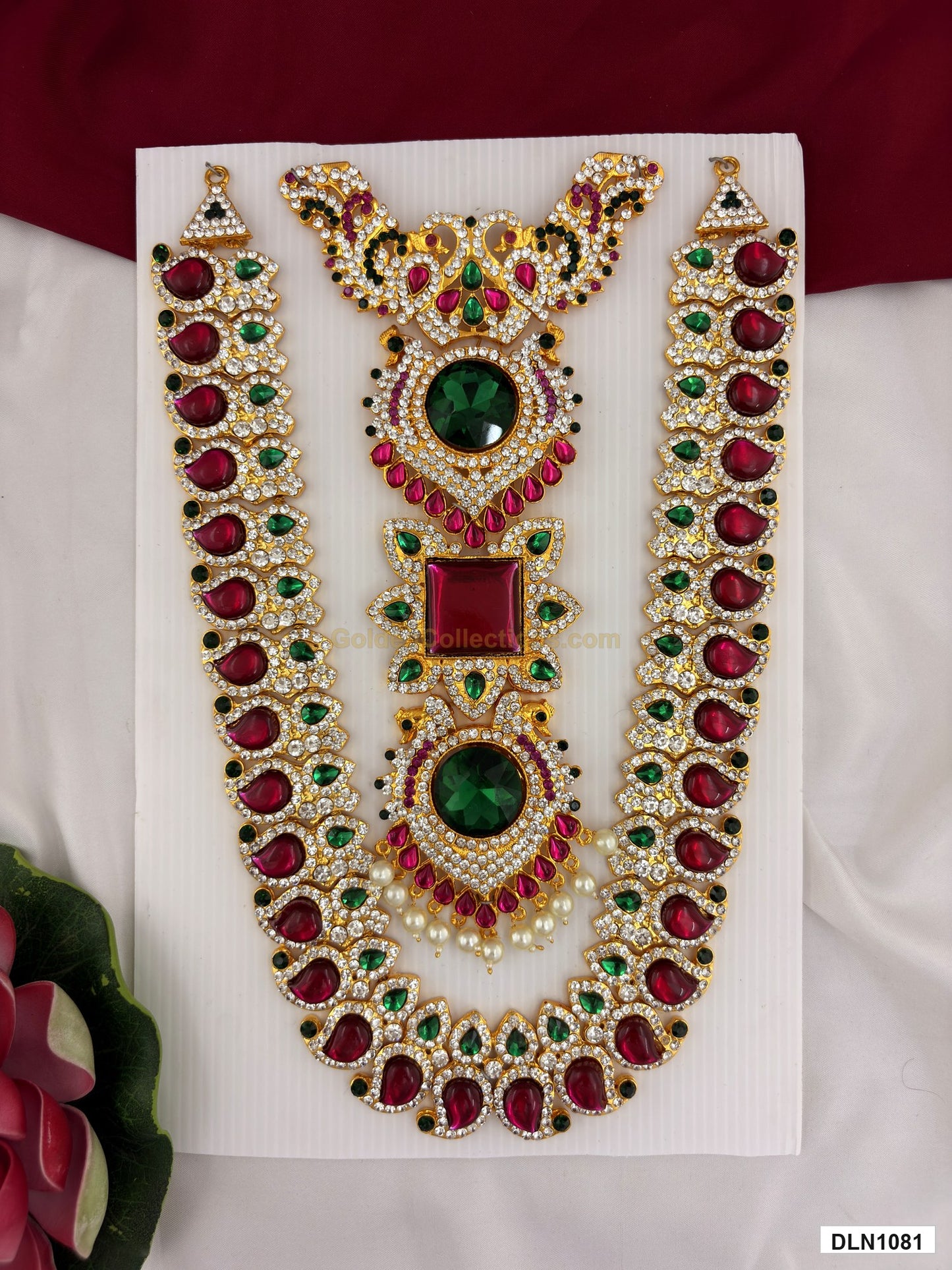 chest deity long haram DLN1081 full product view with red, green and gold stone work and gold plating for idol alankaram
