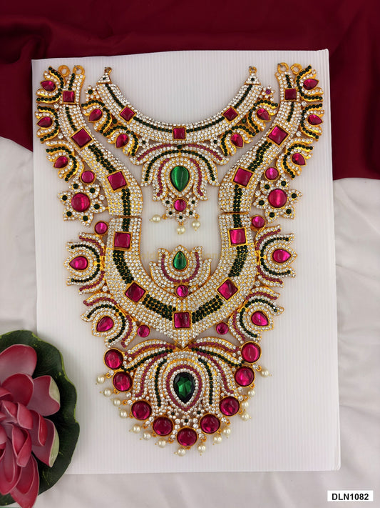 chest deity long haram DLN1082 full product view with pink, green and gold stone work and gold plating for idol alankaram
