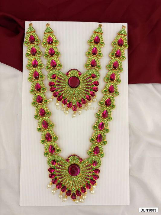 2 step deity long haram DLN1083 full product view with pink, green and gold stone work and gold plating for idol alankaram