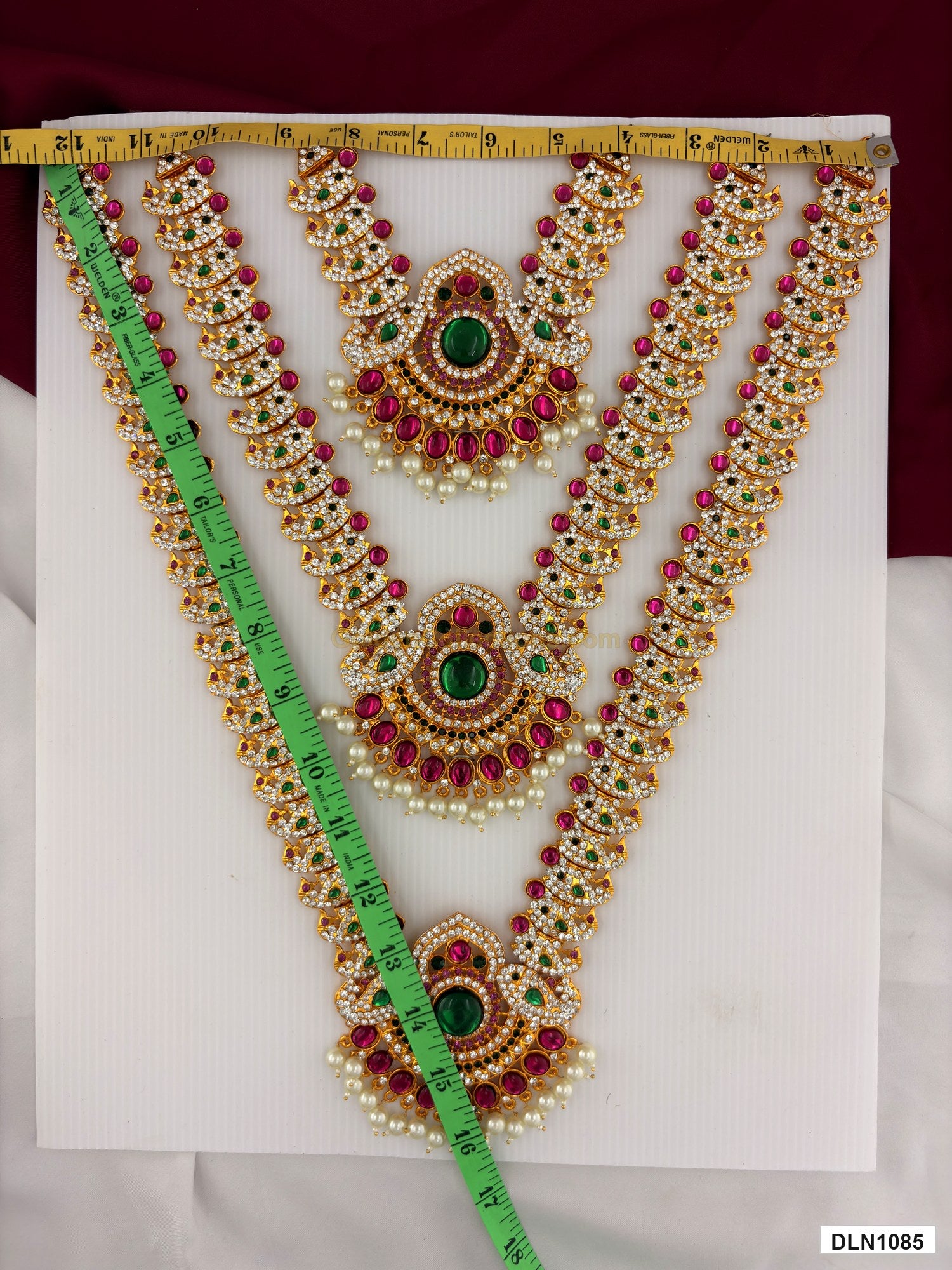 Measurement photo showing 16 x 12 Inches deity long haram with measuring tape for idol alankaram