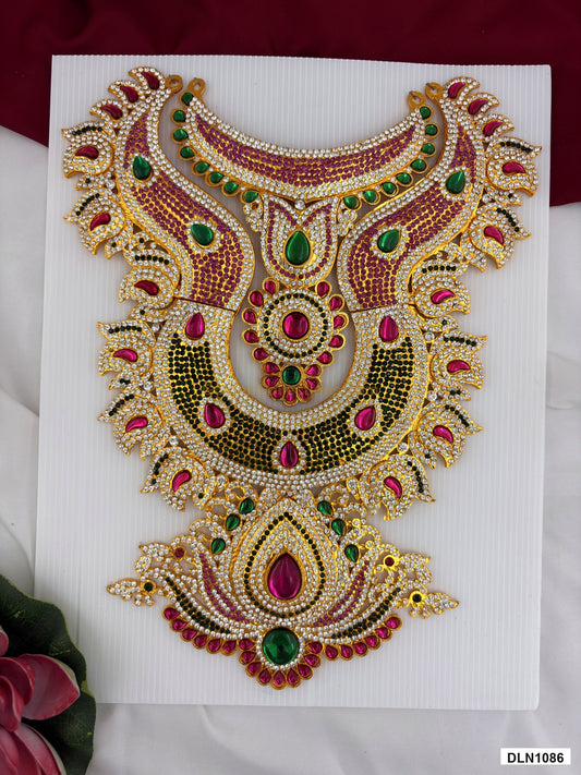 chest deity long haram DLN1086 full product view with green, pink and gold stone work and gold plating for idol alankaram