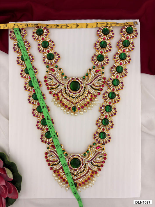 Measurement photo showing 18 x 12 Inches deity long haram with measuring tape for idol alankaram
