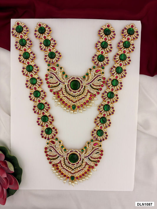 2 step deity long haram DLN1087 full product view with green, pink and gold stone work and gold plating for idol alankaram