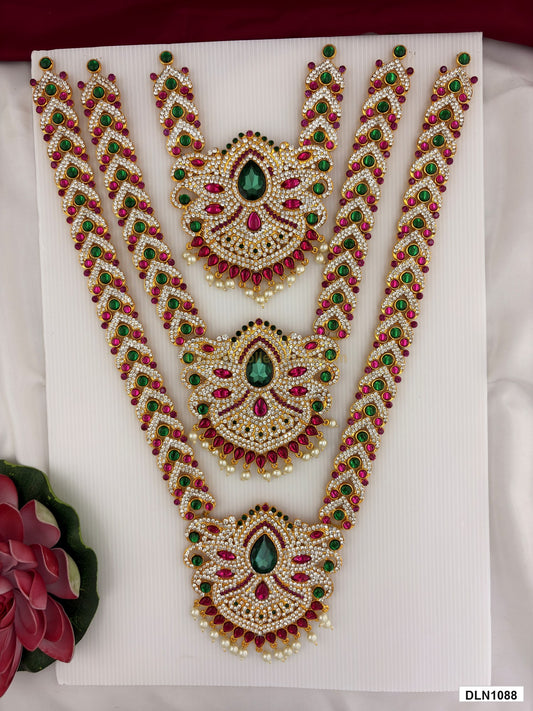 3 step deity long haram DLN1088 full product view with mixed green, pink and gold stone work and gold plating for idol alankaram
