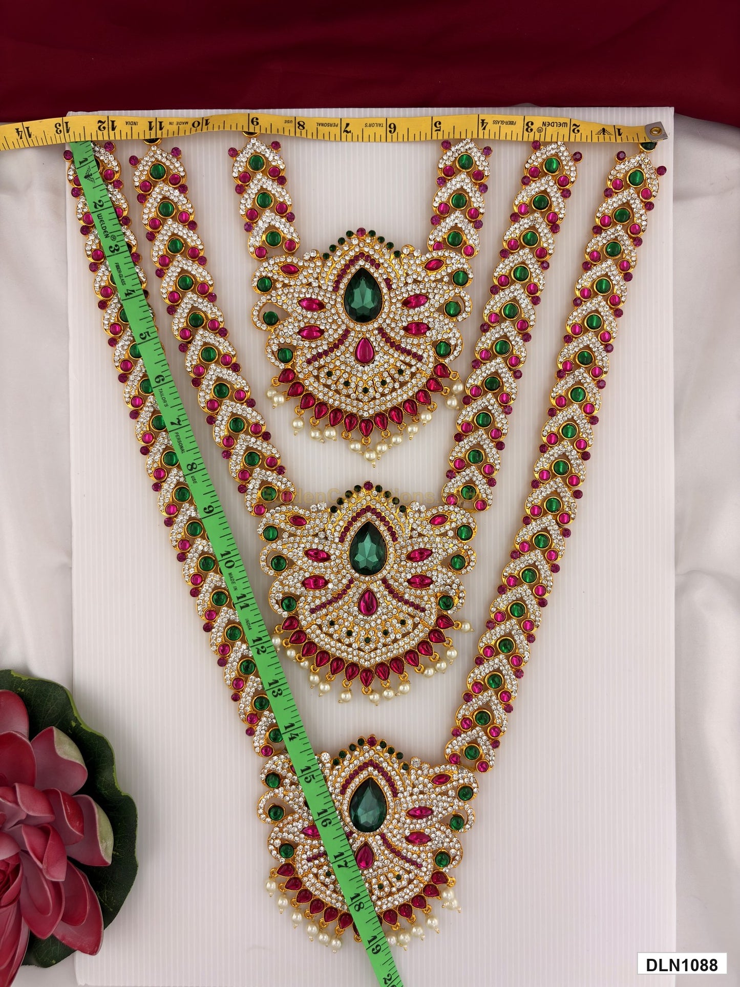 Measurement photo showing 19 x 12 Inches deity long haram with measuring tape for idol alankaram