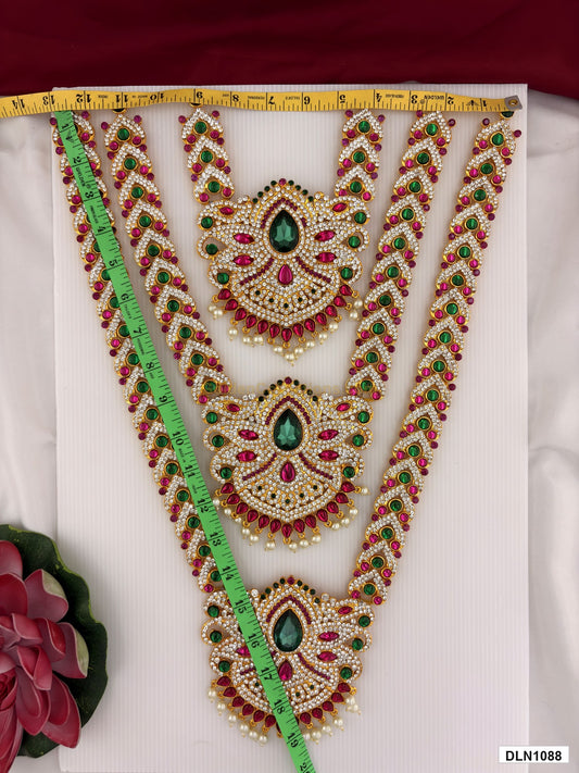 Measurement photo showing 19 x 12 Inches deity long haram with measuring tape for idol alankaram
