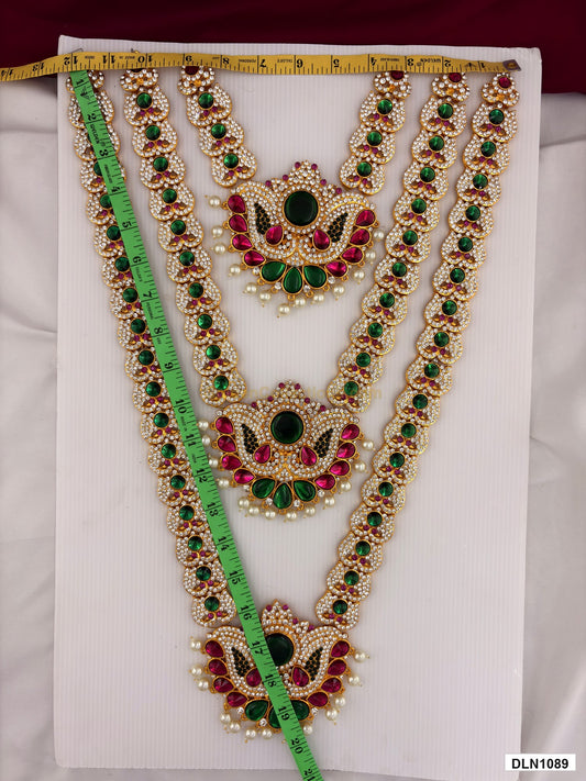 Measurement photo showing 20 x 12 Inches deity long haram with measuring tape for idol alankaram