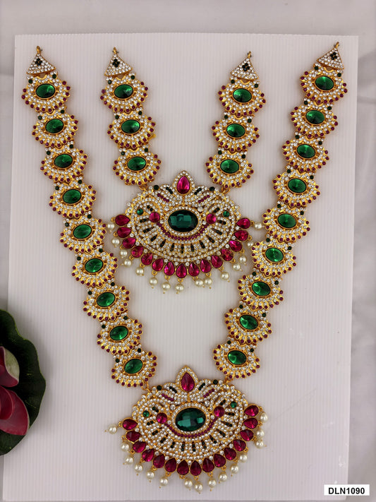2 step deity long haram DLN1090 full product view with green, pink and gold stone work and gold plating for idol alankaram