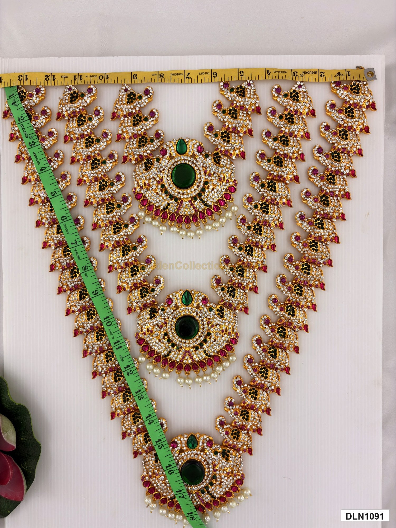 Measurement photo showing 18 x 13 Inches deity long haram with measuring tape for idol alankaram