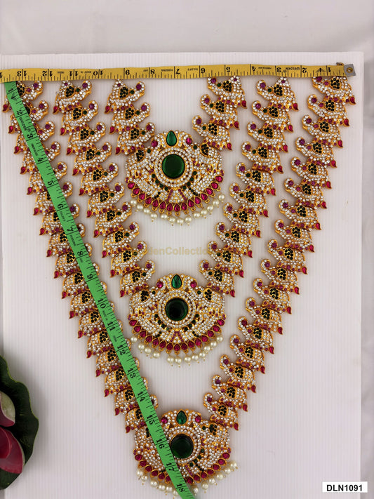 Measurement photo showing 18 x 13 Inches deity long haram with measuring tape for idol alankaram