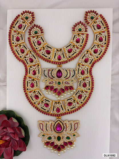 chest deity long haram DLN1092 full product view with mixed green, pink and gold stone work and gold plating for idol alankaram