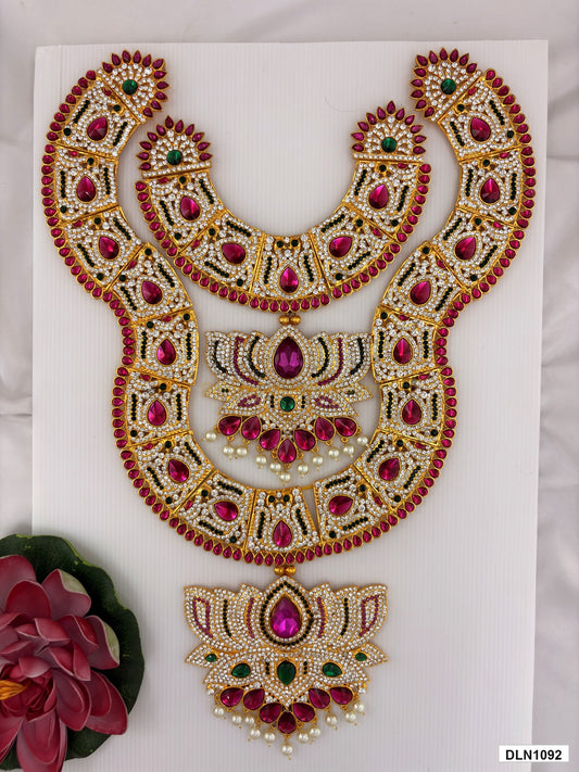 chest deity long haram DLN1092 full product view with mixed green, pink and gold stone work and gold plating for idol alankaram