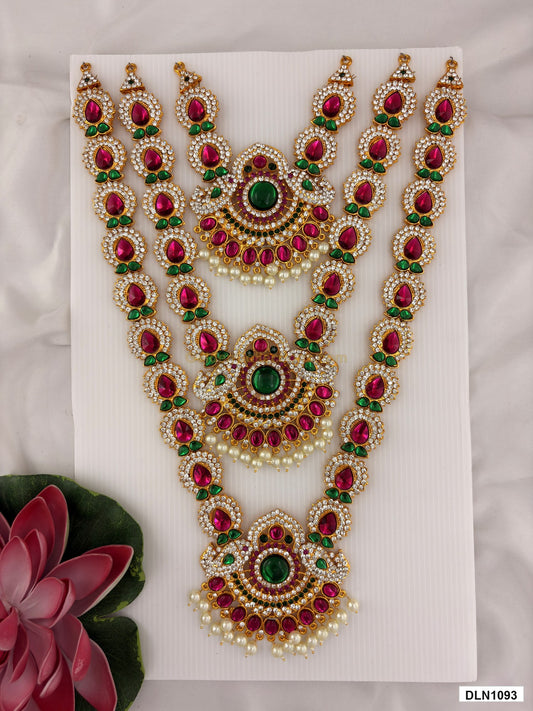 3 step deity long haram DLN1093 full product view with pink, green and gold stone work and gold plating for idol alankaram