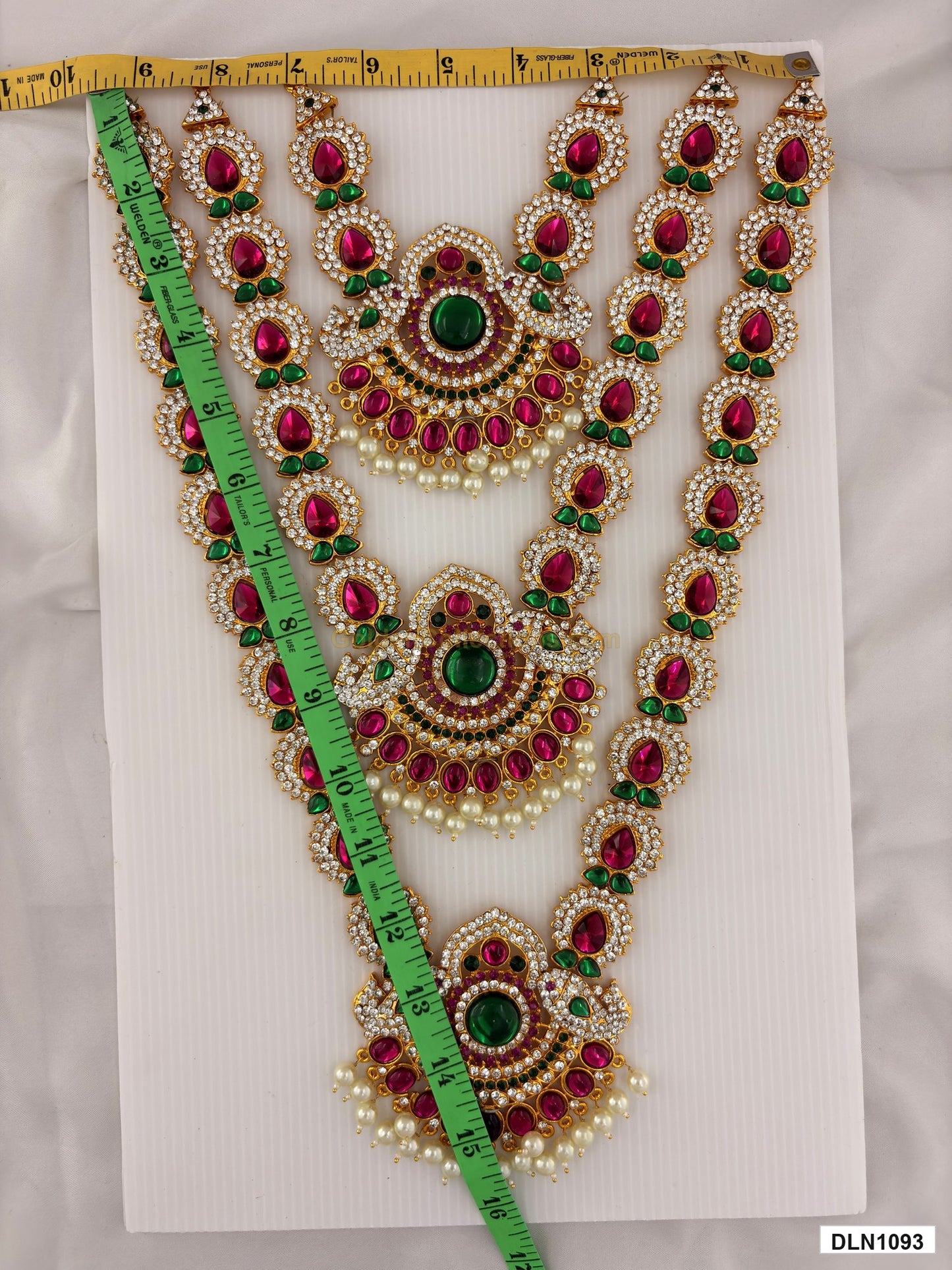 Measurement photo showing 15 x 9 Inches deity long haram with measuring tape for idol alankaram