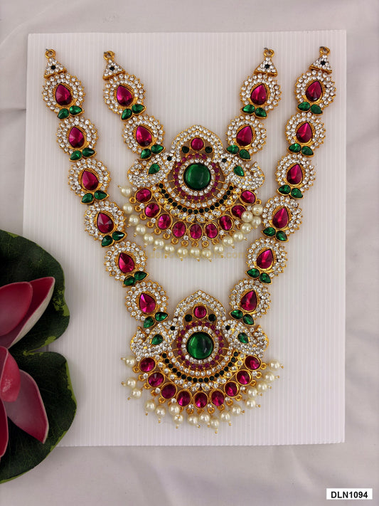 2 step deity long haram DLN1094 full product view with pink, green and gold stone work and gold plating for idol alankaram