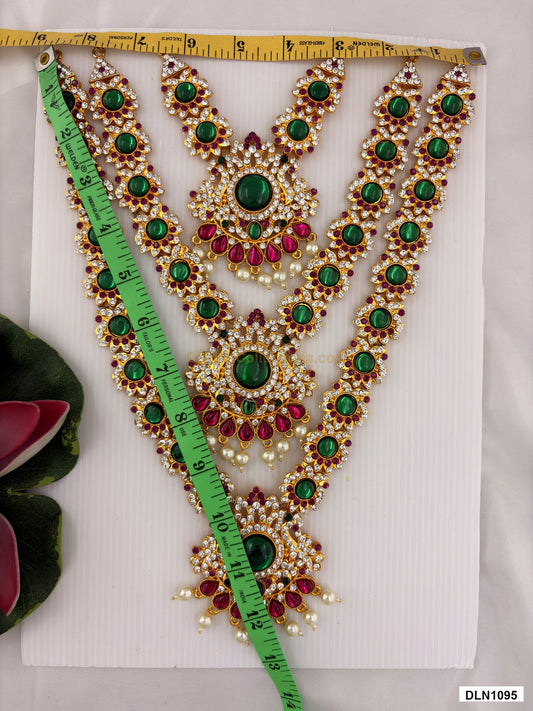 Measurement photo showing 13 x 8 Inches deity long haram with measuring tape for idol alankaram