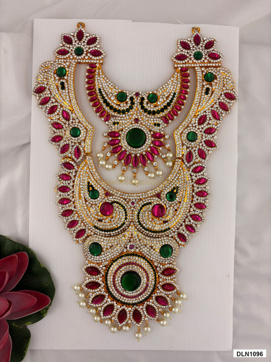 chest deity long haram DLN1096 full product view with pink, green and gold stone work and gold plating for idol alankaram