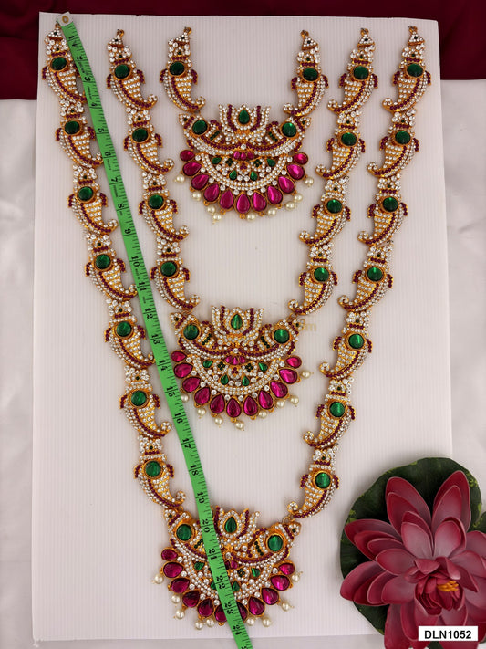 3 step deity long haram DLN1052 full product view with pink, green and gold stone work and gold plating for idol alankaram