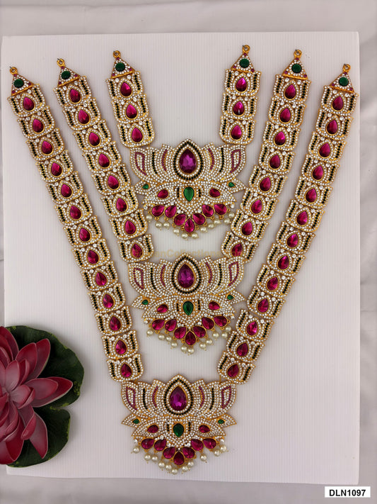 3 step deity long haram DLN1097 full product view with pink, green and gold stone work and gold plating for idol alankaram