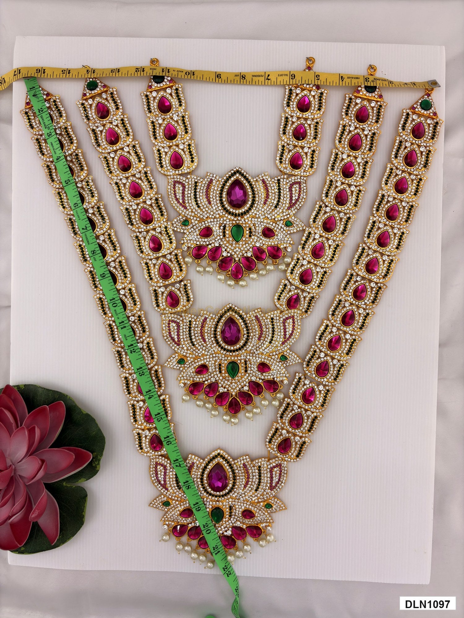 Measurement photo showing 21 x 16 Inches deity long haram with measuring tape for idol alankaram