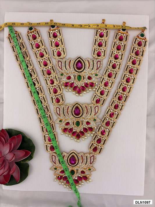 Measurement photo showing 21 x 16 Inches deity long haram with measuring tape for idol alankaram