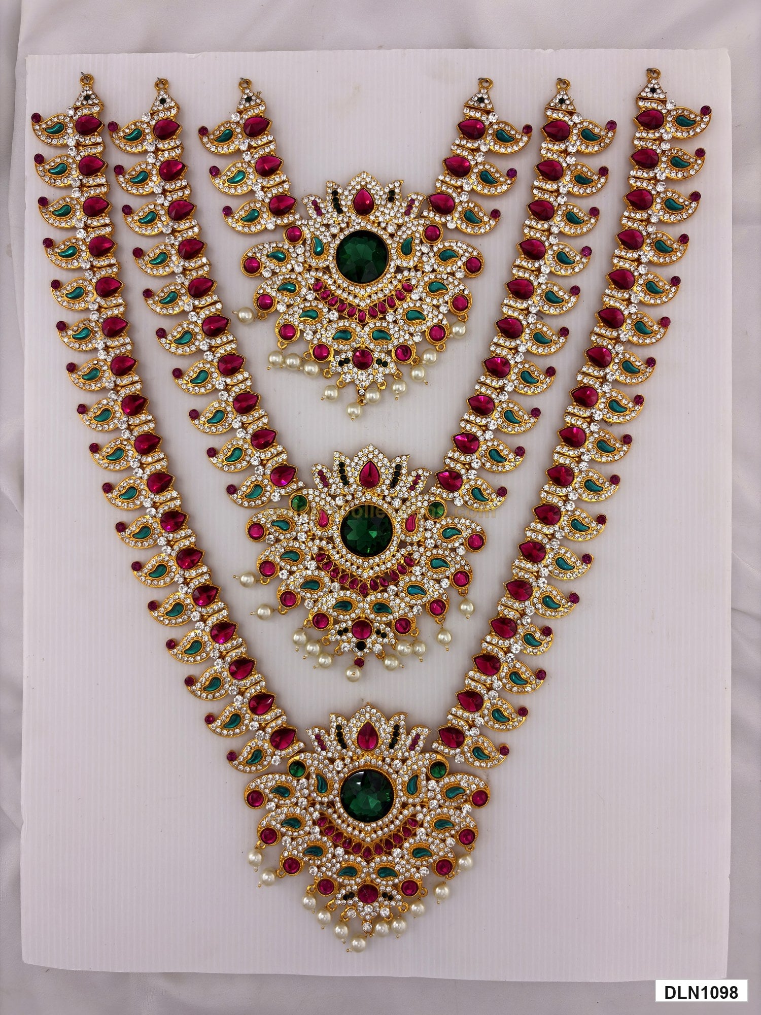 3 step deity long haram DLN1098 full product view with green, pink and gold stone work and gold plating for idol alankaram