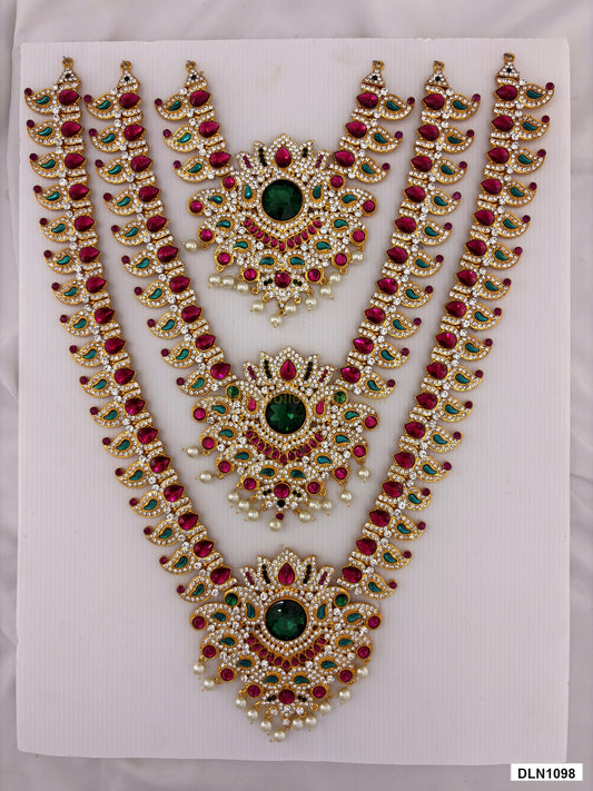3 step deity long haram DLN1098 full product view with green, pink and gold stone work and gold plating for idol alankaram