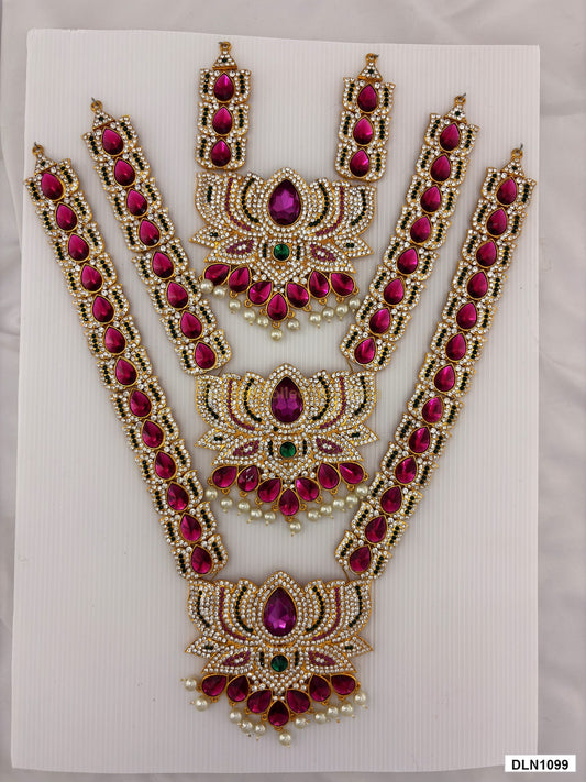 3 step deity long haram DLN1099 full product view with pink, green and gold stone work and gold plating for idol alankaram