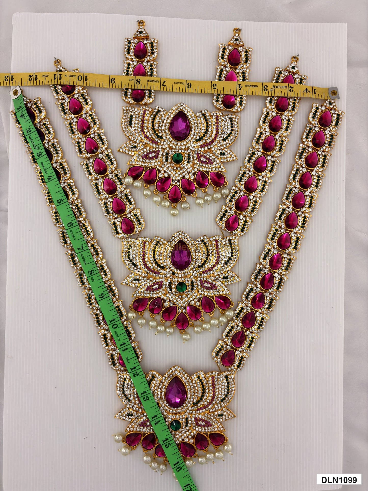 Measurement photo showing 16 x 13 Inches deity long haram with measuring tape for idol alankaram