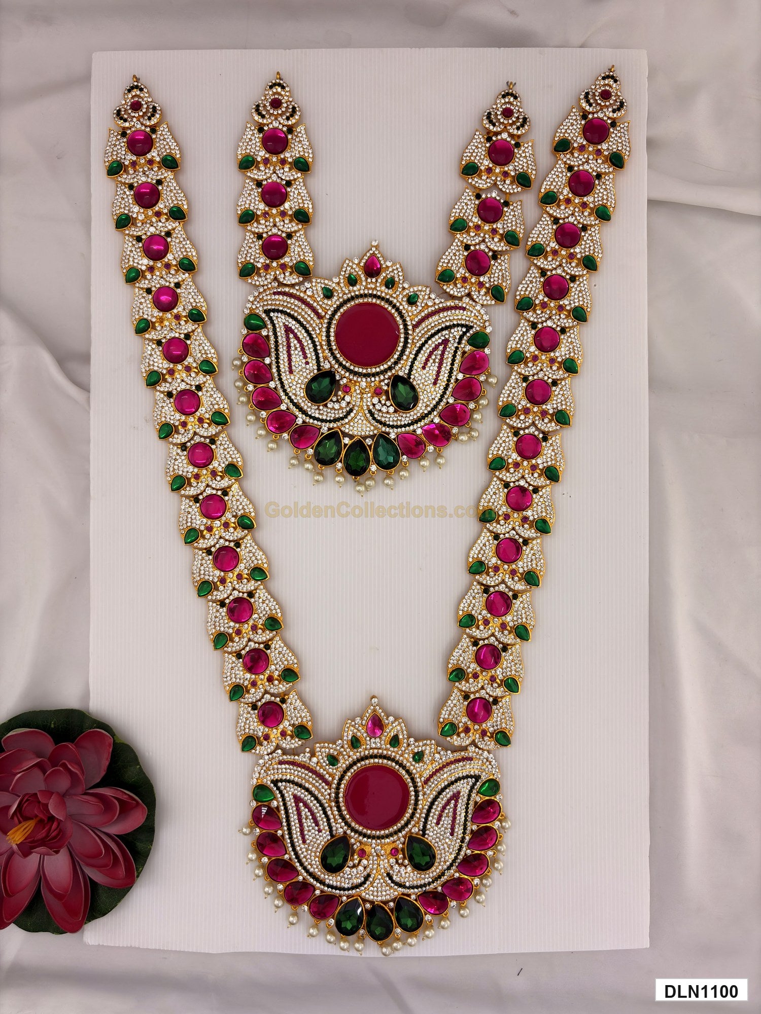 2 step deity long haram DLN1100 full product view with pink, green and gold stone work and gold plating for idol alankaram