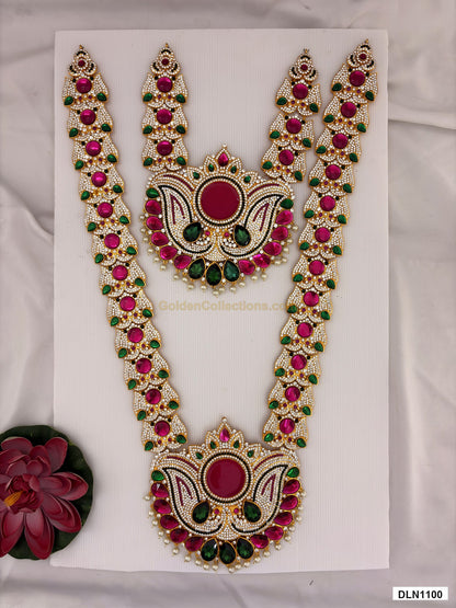 2 step deity long haram DLN1100 full product view with pink, green and gold stone work and gold plating for idol alankaram