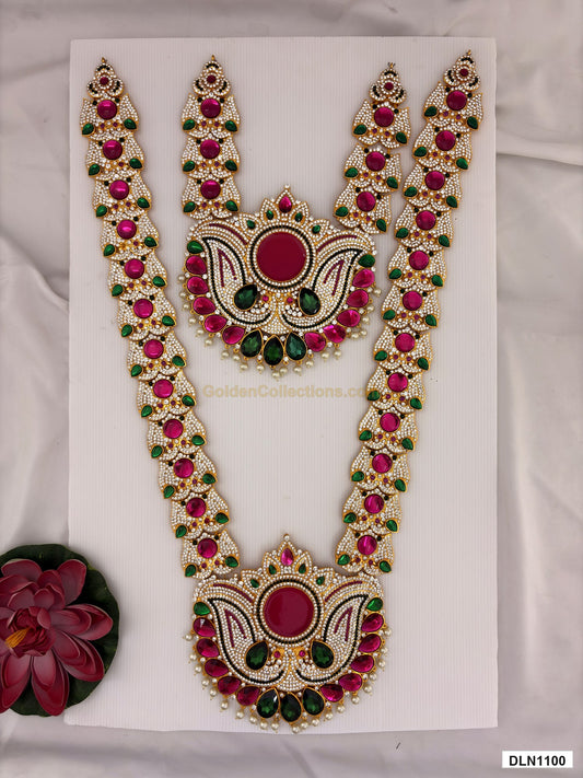 2 step deity long haram DLN1100 full product view with pink, green and gold stone work and gold plating for idol alankaram