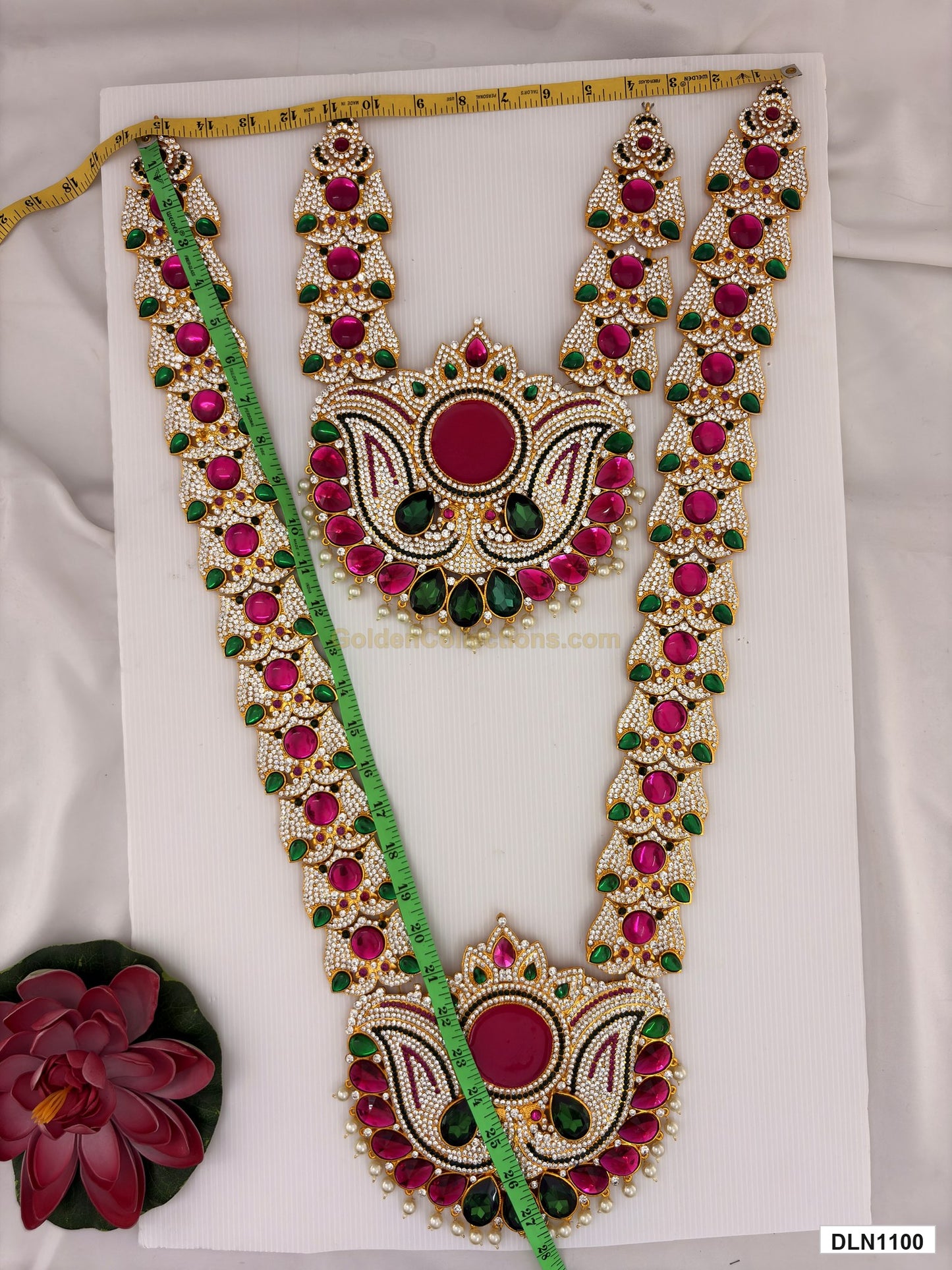 Measurement photo showing 28 x 15 Inches deity long haram with measuring tape for idol alankaram