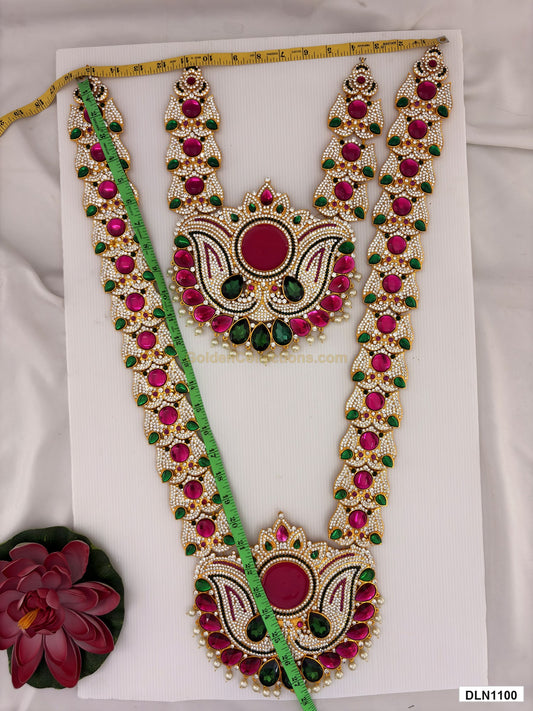 Measurement photo showing 28 x 15 Inches deity long haram with measuring tape for idol alankaram