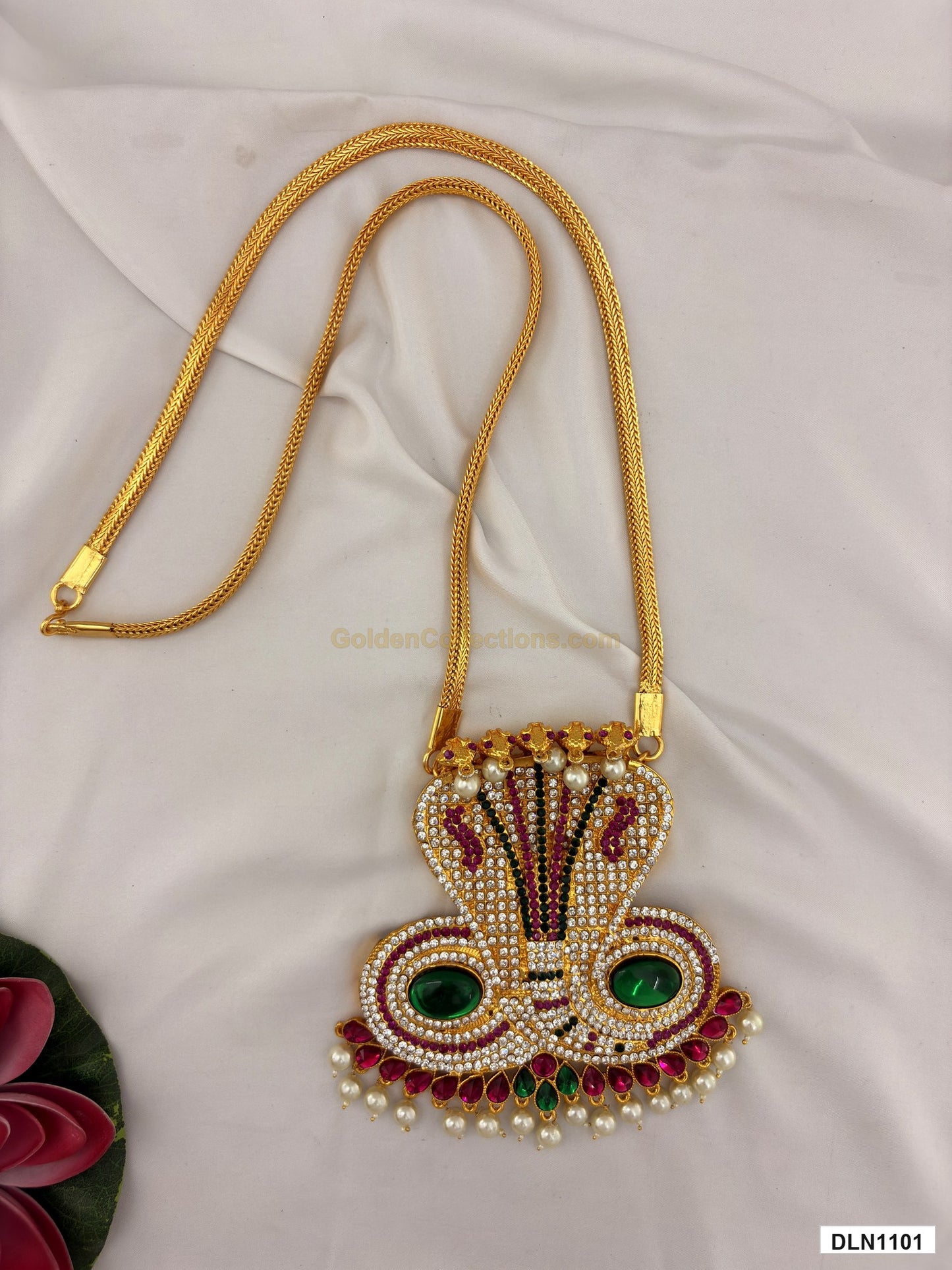 1 step deity long haram DLN1101 full product view with green, pink and gold stone work and gold plating for idol alankaram