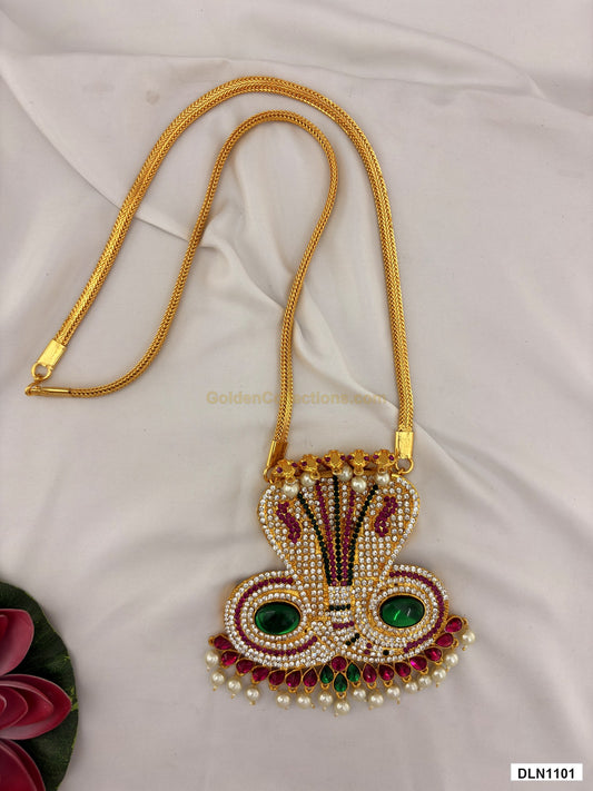 1 step deity long haram DLN1101 full product view with green, pink and gold stone work and gold plating for idol alankaram