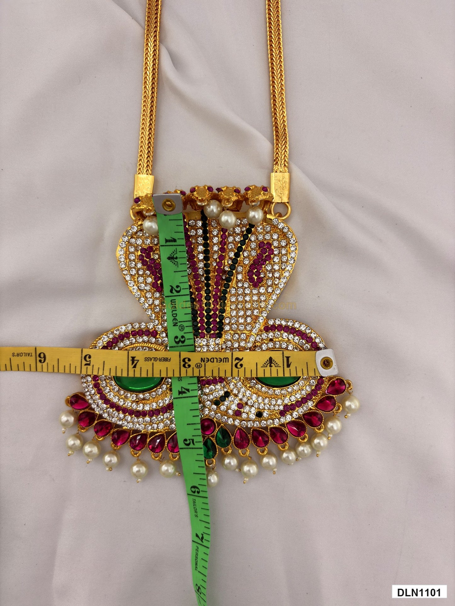 Width measurement photo showing 5 Inches deity long haram with measuring tape for idol alankaram