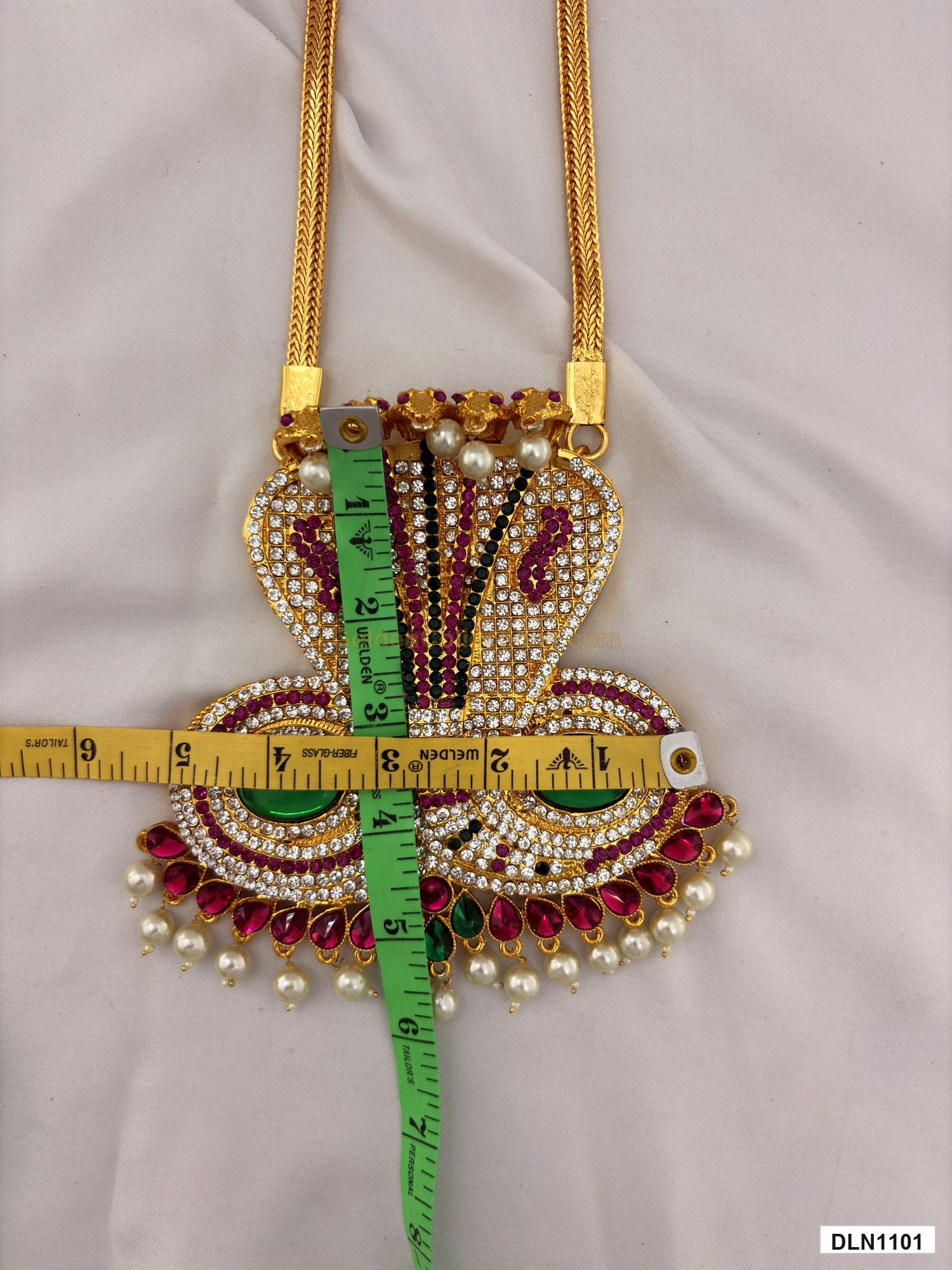 Width measurement photo showing 5 Inches deity long haram with measuring tape for idol alankaram