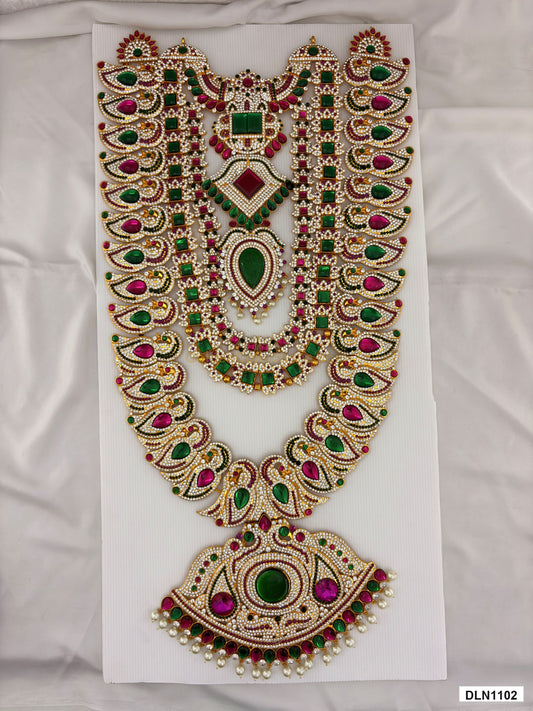 2 step deity long haram DLN1102 full product view with mixed green, pink and gold stone work and gold plating for idol alankaram
