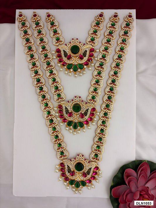 3 step deity long haram DLN1053 full product view with mixed green, pink and gold stone work and gold plating for idol alankaram