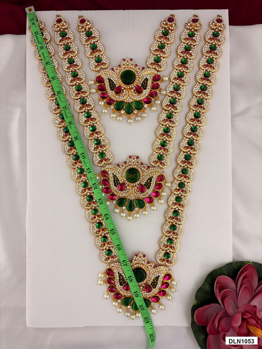 Length measurement photo showing 20 Inches deity long haram with measuring tape for idol alankaram
